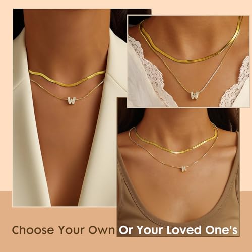 Bubble Letter Necklace for Women – Gold Zircon Initial Necklaces 14k Dainty Gold Plated Non-Tarnish Herringbone Layered Necklaces Hypoallergenic Gift2