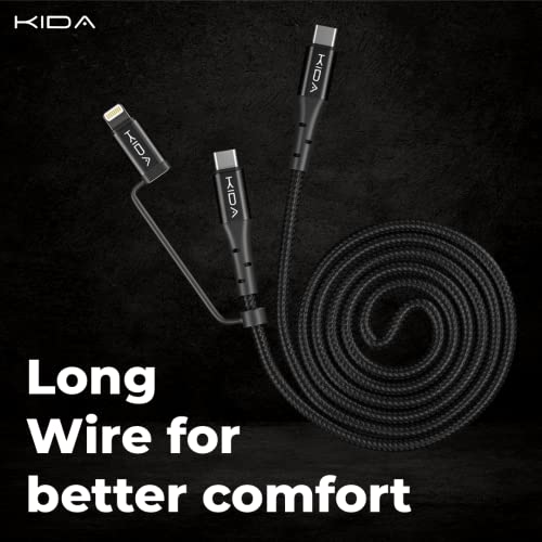 Image of KIDA 2 in 1 Cable 60W PD USB C TO USB C Cable / 20W iOS Nylon Braided Fast Charging Cable Compatible with MacBook iPad Pro Air iPhone 14 13 12 11 Galaxy S22 S21-1.25M (Black)