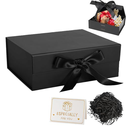 Black Gift Box with Lids 22x16x8.8 cm Magnetic Gift Box Luxury Present Boxes with Ribbon Greeting Card Shredded Paper for Holidays Wedding Birthday Gift Packaging Party Boxes