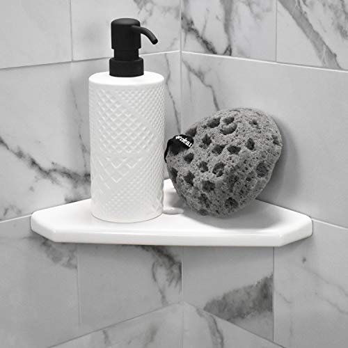 Questech Décor 8 Inch Corner Shower Shelf Bathroom Caddy, Lugged For New Construction, Corner Shower Shelf For Tiled Shower Walls, Corner Bathroom Shelf, 8 Inch Geo Lugged, Bright White Polished #TOP1