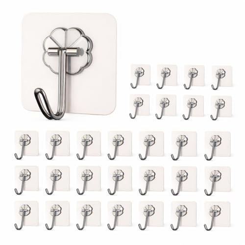 Image of CERLINK Self Adhesive Wall Hooks 25 Pack | Heavy Duty Transparent Sticky Hooks for Wall | No Drill, Waterproof, Strong Hold Hooks for Kitchen, Bathroom & Home (Pack of 25)