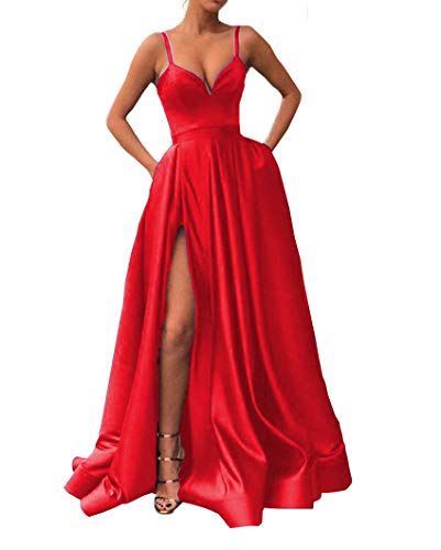 Satin Prom Dresses for Women Party Straps Evening Formal Dress with Pocket