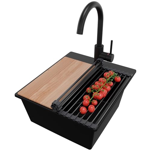 PRIMAGRAN Fregadero Granito Todo Negro 38x44cm, Fregadero Cocina 1 Seno + Sifón + Grifo 32x20cm + Accesorios, Fregadero Granito sobre encimera al mueble 40cm - Riga Easy