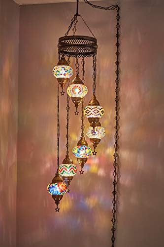 DEMMEX Turkish Moroccan Mosaic Hardwired OR Swag Wall Plug in Chandelier Light Ceiling Hanging Lamp Pendant Fixture (7 x 4.5 Globes - Swag)