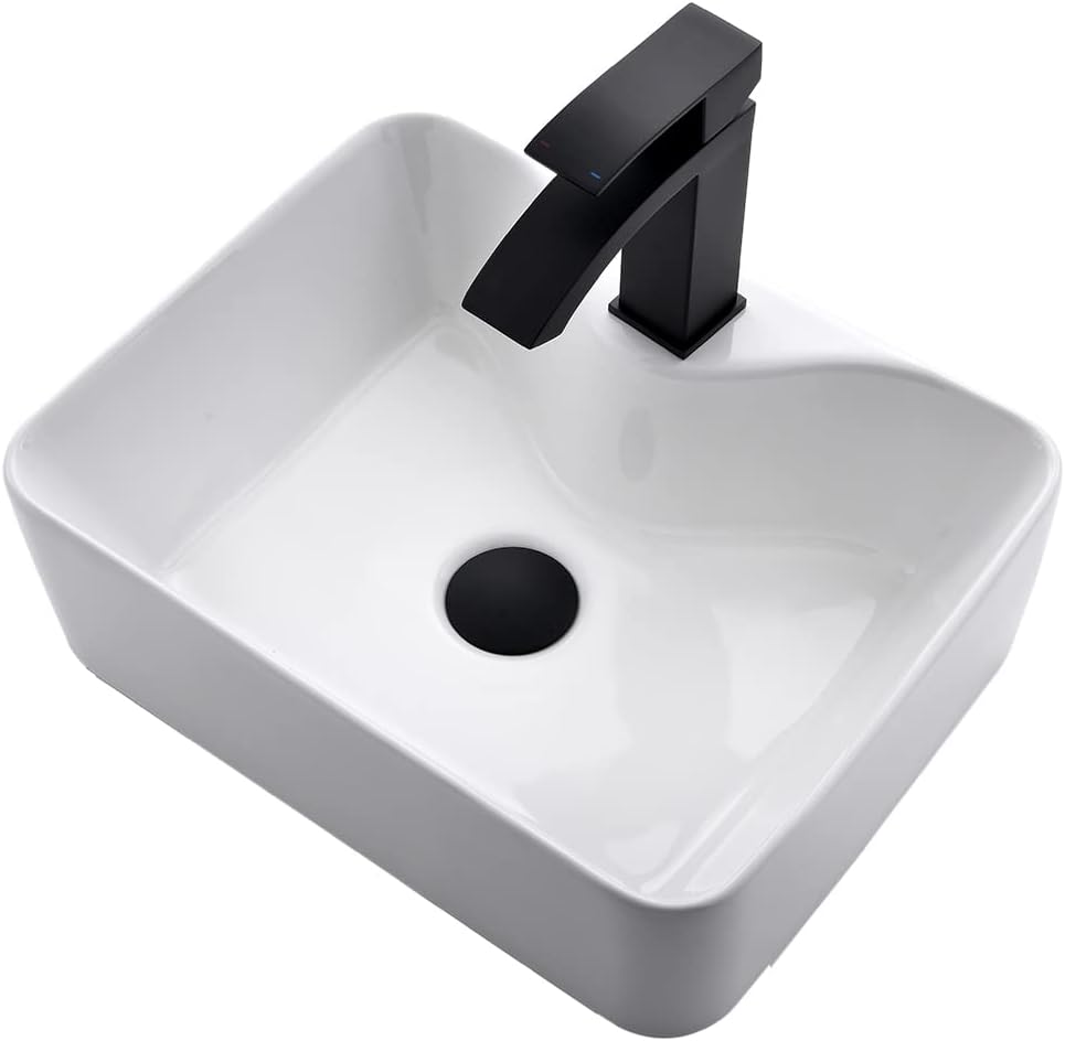 White Rectangle Ceramic Bathroom Vessel Sink - Dorzom 16x12 Inch Ceramic Art Basin Bathroom Sink And Black Waterfall Spout Faucet Combo HA001-1612B Sink+Black Faucet&Drain