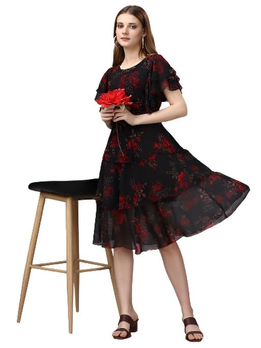 Image of Women Layered Georgette Fit & Flare Midi Dress | Round Neck Flutter Sleeve Knee Length Dress | Tiered Party Dress for Women Evening and Casual Styling