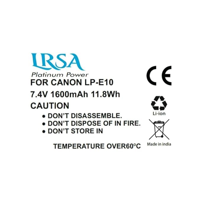 Image of LRSA (LP E10) Lithium-ion Rechargeable Battery for DSLR Camera, Compatibility - EOS 1100D, EOS 1200D, EOS Rebel T3, EOS Rebel T5, X50 & EOS Kiss (Pack of 2) LP E10