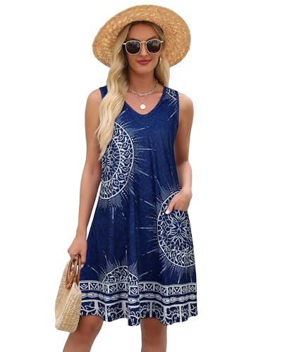 Image of elescat Womens Summer Dresses Casual V Neck Sleeveless Pockets Beach Loose Tank Sundress 2026