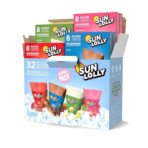 Sun Lolly Wassereis Mixbox mit 4 Sorten | Erdbeere Cola Weintraube Himbeere | Mit Fruchtsaft | Zum Selbsteinfrieren | Ohne künstliche Aromen | Praktisch als Familienbox | 4 x 8 x 60ml