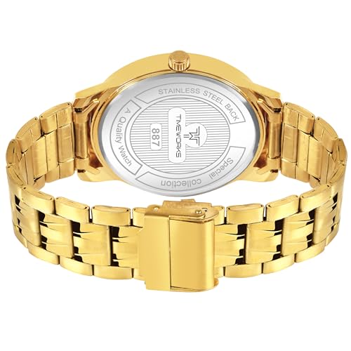 Image of TIMEWORKS Stainless Steel Designer Golden Round Shape Day & Date Dial Men's & Boy's Analog Watch, Band Color:Gold