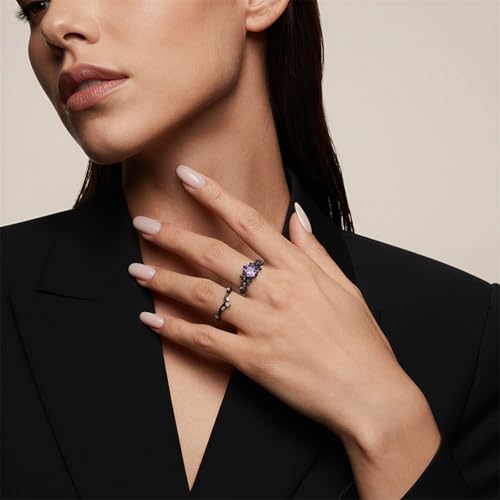 Image of Jeulia 2PCS Wedding Ring Set for Women 1.5 ct Black Thorn Purple Rose Cut 925 Sterling Silver Gothic Bat Design Engagement Ring Vintage Jewelry with Gift Box