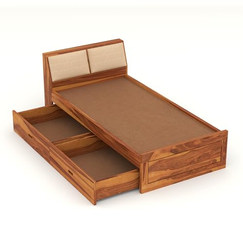 Image of Solid Sheesham Wood Single Size Bed with 2 Drawer Storage Wooden Single Cot Bed for Home Living Room Bedroom Guest Room Hotel (Honey, Size 6 * 4)