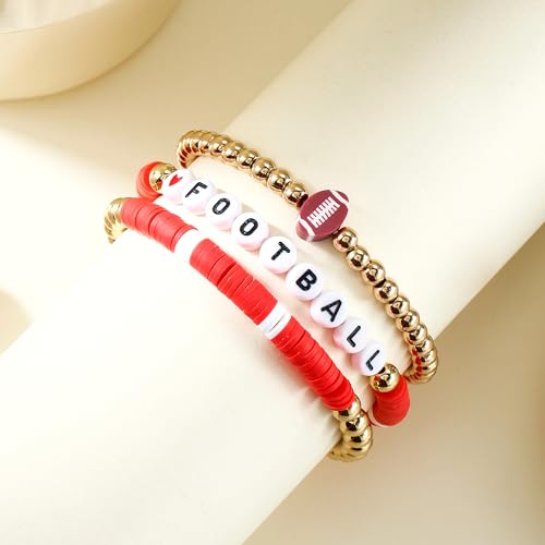 Game Day Bracelets Set for Women Men Football Bracelets Stack Beaded Stretch Red Black Blue Clay Beaded Stretch Bracelets Stackable Sports Charm Bracelet Jewelry Accessories (Football) — view 6