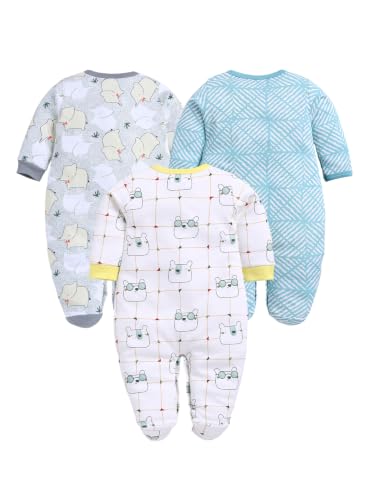 Image of BABY GO Baby Sleepsuit Pack of 3 | 100% Cotton Full Sleeve Footed Romper for Newborn Baby Boys & Girls | Front Open Snap Button Onesie Jumpsuit | Soft Breathable Nightwear