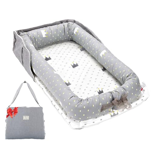 Loevin Baby Lounger for Newborns & Infants 0–24 Months, 100% Cotton Breathable Infant Support Cushion with Adjustable Size, Portable Baby Nest for Home and Travel, Baby Shower Gift(Crown Grey)