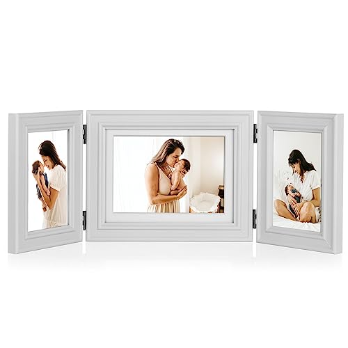 Tamolus 3 Vertical Horizontal Hinged Wood Picture Frame 4x6 and 5x7 Triple Folding Photo Frame Home Decor with Real Glass Front in White for Tabletop, Display 4x6 with Mat or 5x7 without Mat