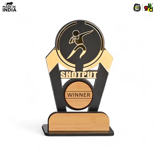 Image of GKD Wooden & Acrylic Sports Winner Trophy - Badminton, Shot Put, Carom, Chess - 8 x 4 Inches, Ideal for Awards & Celebrations (Pack of 4)