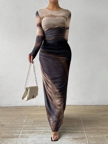 LIGHT DOT Women's Printed Bodycon Maxi Dress Long Sleeve Tie Dye Mesh Layered Dress4