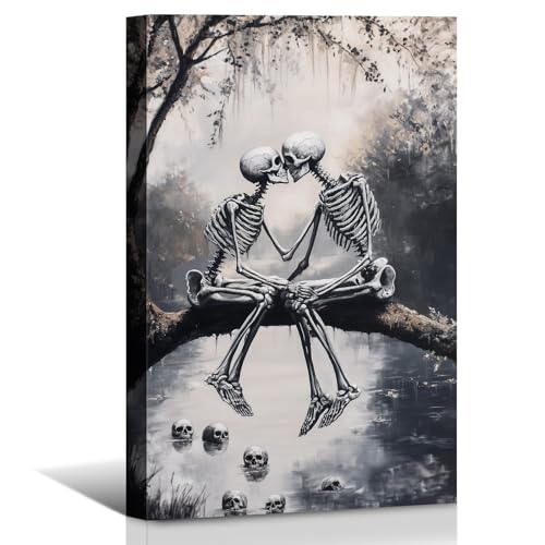 BANHUA1 Halloween Canvas Wall Art, Retro Embracing Skeletons Pictures Prints,