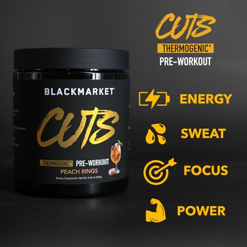 Image of BLACKMARKET CUTS Pre Workout - Flavored Energy Powdered Drink Mix for Men & Women, Great for Muscle Definition, Thermogenic, Creatine Free, (Peach Ring, 30 Servings)