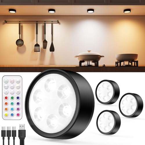 USB Aufladbar LED Spot Akku mit Fernbedienung, Schwarz 2400mAh Unterbauleuchte Küche LED Rund Magnetische Vitrinenbeleuchtung Kabellos Schranklicht Regal Beleuchtung Schrank Touch Lampe zum Kleben