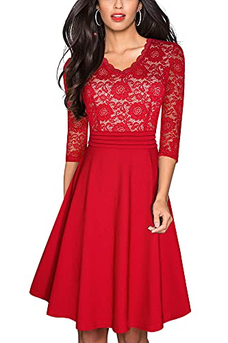 HOMEYEE Damen Vintage 3/4 Ärmel Floral Spitze Gestickte Cocktail Ausgestelltes Kleid A062 (L, Rot)