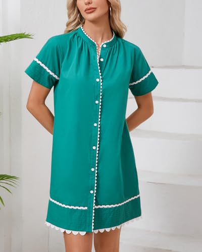 Image of Women's Summer Shirt Dress Short Sleeve Button Down Mini Tie Waist Belted Tunic with Pockets RIC Rac Trim