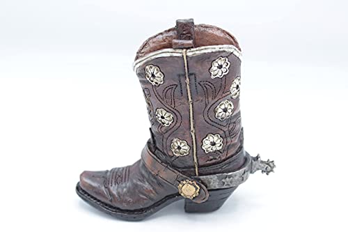 Rainbow. Small Western Rustic Hand Tooled White Flower Spur Black Cowboy Cowgirl Boot Vase Pen Holder, Silver