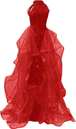 Zeeyecie High Neck Sequins Prom Dresses 2025 Long A Line Tulle Sparkly Formal Evening Dresses Ball Gowns for Women