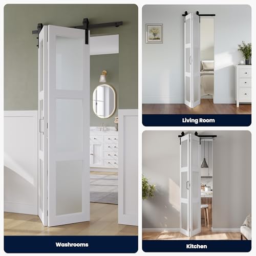 SMARTSTANDARD 80in x 84in Bifold Barn Door, Frosted Glass Barn Door with Hardware Kit Included, Pre-Drilled Holes Easy Assembly -Solid Barn Doors Slab Covered with Water-Proof PVC Surface, White - Thumbnail 5