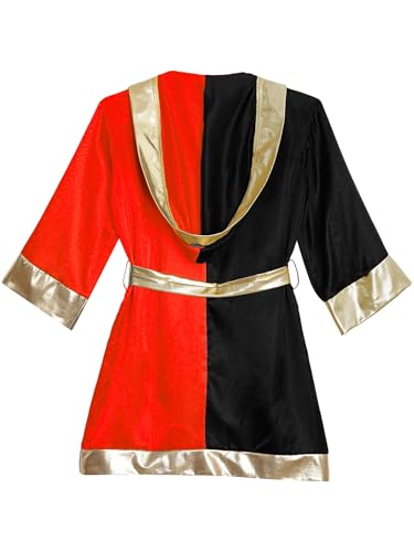 FEESHOW Kids Boys Color Block Hooded Boxing Robes Open Front Boxer Cloak with Belt Halloween Cosplay Dress Up4