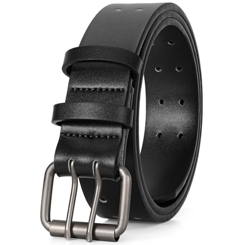 Image of JASGOOD Men Double Prong PU Leather Belt Casual Work Heavy Duty Belt Double Grommet Holes Belt for Jeans