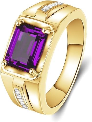 Finecreation_usa- 2.20 Ct Emerald Cut Purple Amethyst Mens Wedding Band Ring 14K Yellow Gold Finish 925 Sterling Silver (yellow, 12)