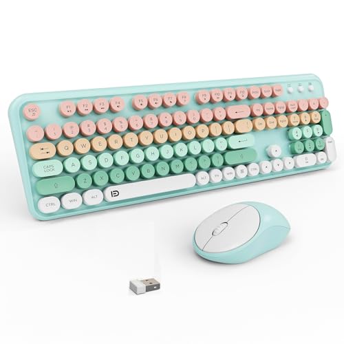 Image of Pink Green Wireless Keyboard and Mouse Combo,Cute Bubble Key,for PC Laptop | Aesthetic Round Keys,Retro Typewriter Style,Clicky Sound,2.4GHz USB Receiver,Full-Size with Number Pad for Computer Desktop