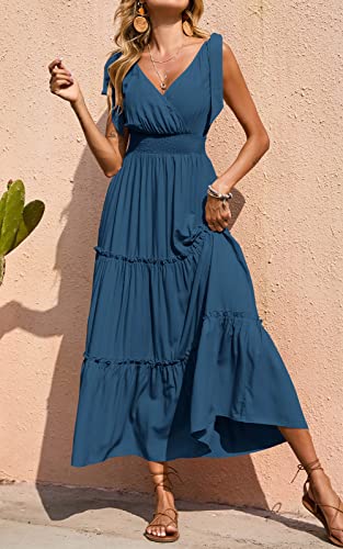 Image of PRETTYGARDEN Women's Cross Neck Summer Sleeveless Tiered Maxi Dress Beach Tie Strap Smocked Long Dresses Pleated Sundress
