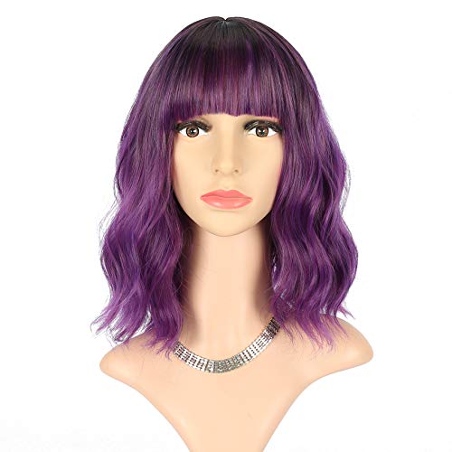 FAELBATY Lila Perücke mit Pony Kurz Bob Synthetische Cosplay Perücke für Frauen Kostüm Perücken (12" Ombre Dark Purple Color)