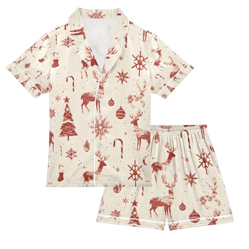 senya Christmas Deer Snow Red Satin Summer Pajama Sets Silk Short Sleeve Button Down Sleepwear