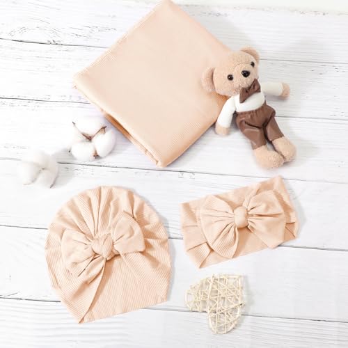 Image of DRESHOW BQUBO Baby Girl Newborn Receiving Blankets with Bow Hat Headband Wooden Birth Announcement Card Set Newborn Baby Swaddle Wrap Set Warm Shower Gift