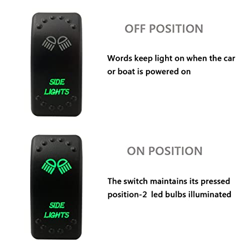 Image of Green Backlit Side Lights Rocker Switch 5 Pin ON-Off Laser Etched Button Switch with Wires for Car Van Truck Marine Boat UTV 20A /12V 10A /24V