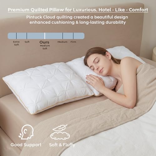 Image of AYKA Premium Microfiber Pinch Pleat Pillow for Sleeping | Super Soft & Fluffy Bed Pillow | 100% Virgin Microfiber Filling | Ideal for All Sleeping Positions 17x27 | White | Set of 4
