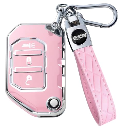 Montague Key Fob Cover for Jeep with Keychain, Premium TPU Key Case Compatible with Jeep Wrangler JL JLU Gladiator JT Rubicon Sahara Remote Smart Car Flip Key Protector（3 Buttons Pink）