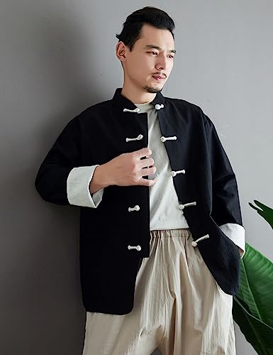 Ystylee Mens Tang Suit Shirt Long Sleeve Contrast Color Chinese Frog Buttons Lightweight Jacket3