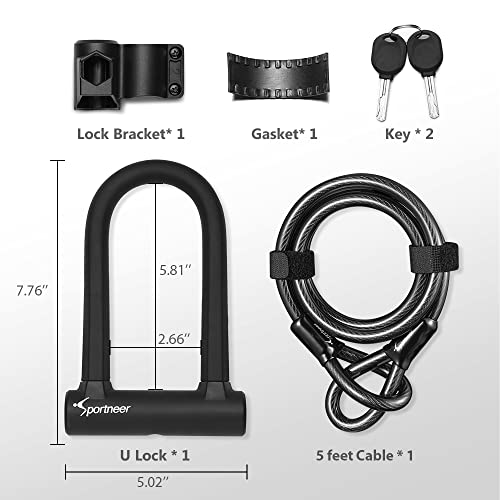 Sportneer Bike Lock Heavy Duty Anti Theft Bike U Lock with 5ft Security Steel Cable 17mm