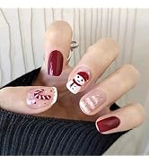 Christmas Press on Nails Short Snowmen Christmas Trees Crutch Design Fake Nails with Nail Glues A...