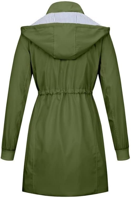 Womens Raincoat Waterproof with Hood Lightweight Windbreaker Rain Jacket Trench Coats Striped Lined - Image 3