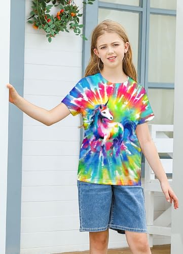 Image of SunFoucs Girls Kids Shirts Size 5-12 Tie Dye Casual Tshirt Short Sleeve Crewneck Tee Top | Short Sleeve Rainbow Tee Top
