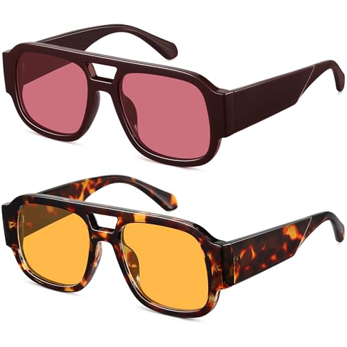 LOOMAKA Square Aviator Sunglasses for Women Men Retro 70s Chunky Double Bridge Glasses Trendy Flat Top Y2K Shades UV400 Protection for Driving & Festival Party