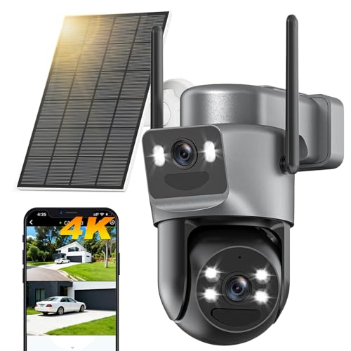 8MP Telecamera di Sorveglianza WiFi Esterno Senza Fili Doppio Obiettivo, 4K Rilevamento Umano con Pannello Solare,360° PTZ Telecamera IP,2.4G/5GHz,Monitoraggio Automatico,Visione Notturna Colore,Audio