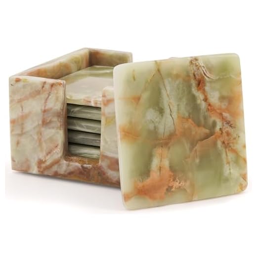 Marble Coasters Set of 6 Green Onyx 3.5 Inch Square Coaster for Drinks with Holder, Drink Coaster for Tabletop & Coffee Table Decor, Ideal Home Decor House Warming Gifts