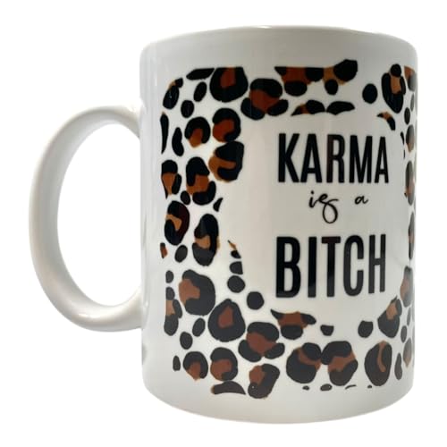 NetSpares Keramiktasse „Karma is a Bitch“ | Kaffeetasse mit Leopardenmuster | Frecher Spruch Becher | Lustige Geschenkidee für Freunde, Kolleginnen, Büro, Geburtstag